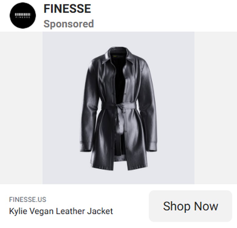Kylie Vegan Leather Jacket, 3D render running as a sponsored Meta ad