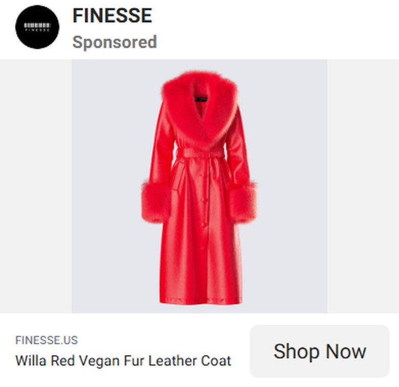 Willa Red Vegan Fur Leather Coat, 3D render running as a sponsored Meta ad
